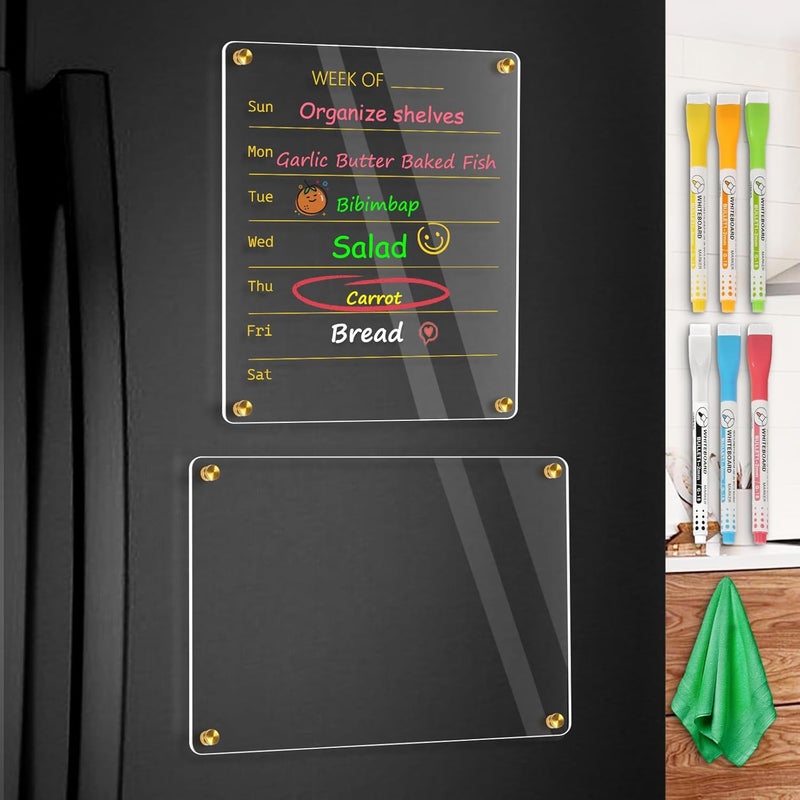 WALGLASS Acrylic Calendar for Fridge, 8.5"x11" Gold Weekly Clear Acrylic Magnetic Dry Erase Board for Refrigerator, Set of 2 Stronger-Magnetic Reusable Fridge Planner, Includes 8 Liquid Chalk Markers - Image 1